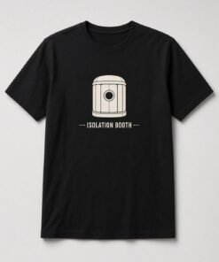 Isolation Booth Recording Studio unisex t-shirt in black with wooden vocal isolation booth with a round window