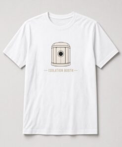 Isolation Booth Recording Studio unisex t-shirt in white with wooden vocal isolation booth with a round window