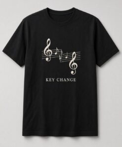 Key Change Sheet Music unisex t-shirt in black with music staff with two treble clefs and a key change