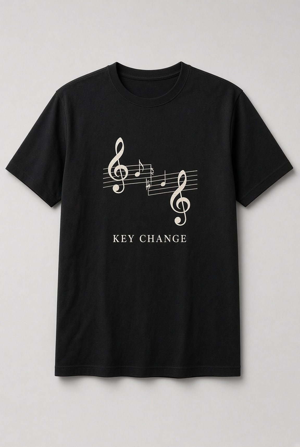Key Change Sheet Music unisex t-shirt in black with music staff with two treble clefs and a key change