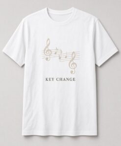 Key Change Sheet Music unisex t-shirt in white with music staff with two treble clefs and a key change