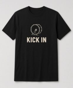 Kick In Bass Drum Mic unisex t-shirt in black with line drawing of a microphone inside a kick drum