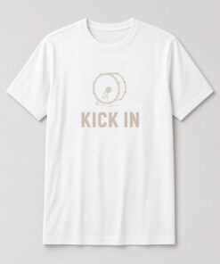 Kick In Bass Drum Mic unisex t-shirt in white with line drawing of a microphone inside a kick drum