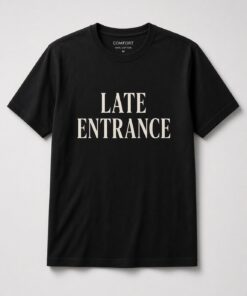 Late Entrance Serif Typography unisex t-shirt in black with tall condensed serif typography