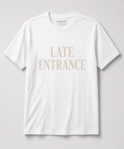 Late Entrance Serif Typography unisex t-shirt in white with tall condensed serif typography