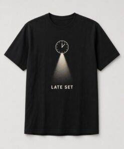 Late Set Midnight Spotlight unisex t-shirt in black with clock near midnight casting a spotlight beam