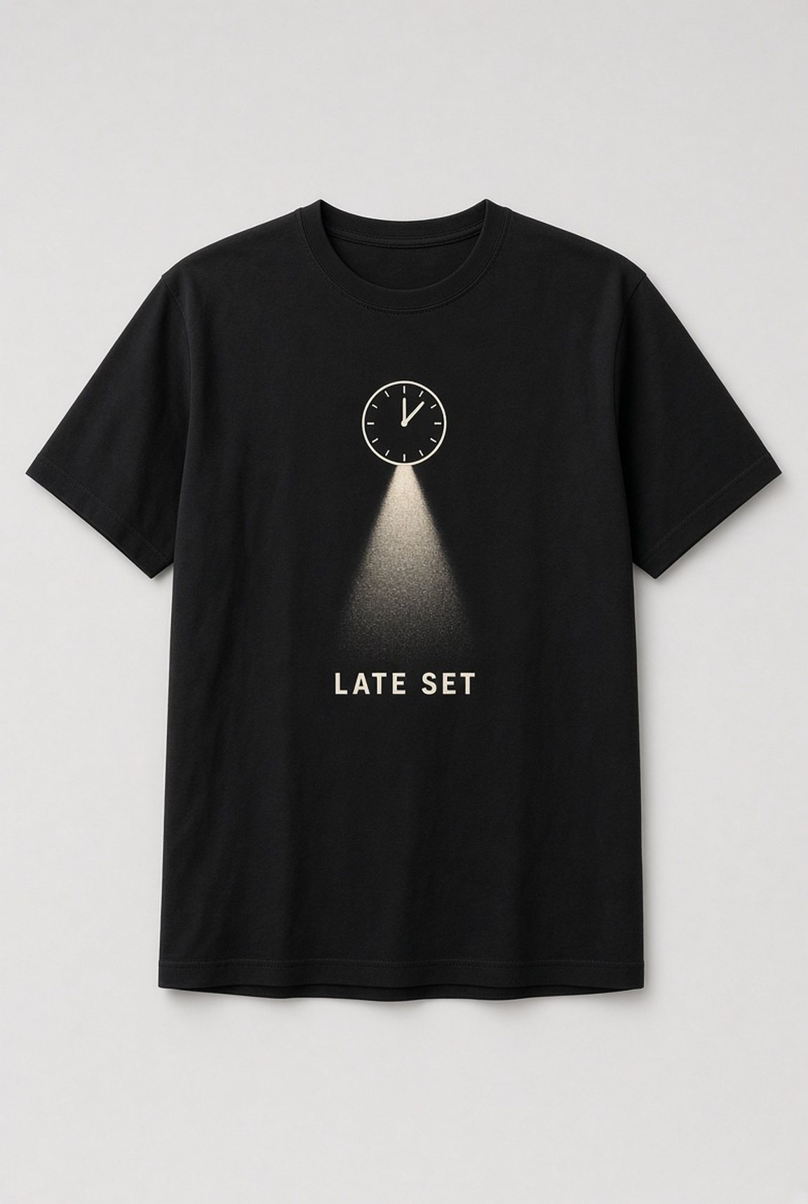 Late Set Midnight Spotlight unisex t-shirt in black with clock near midnight casting a spotlight beam