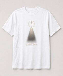 Late Set Midnight Spotlight unisex t-shirt in white with clock near midnight casting a spotlight beam