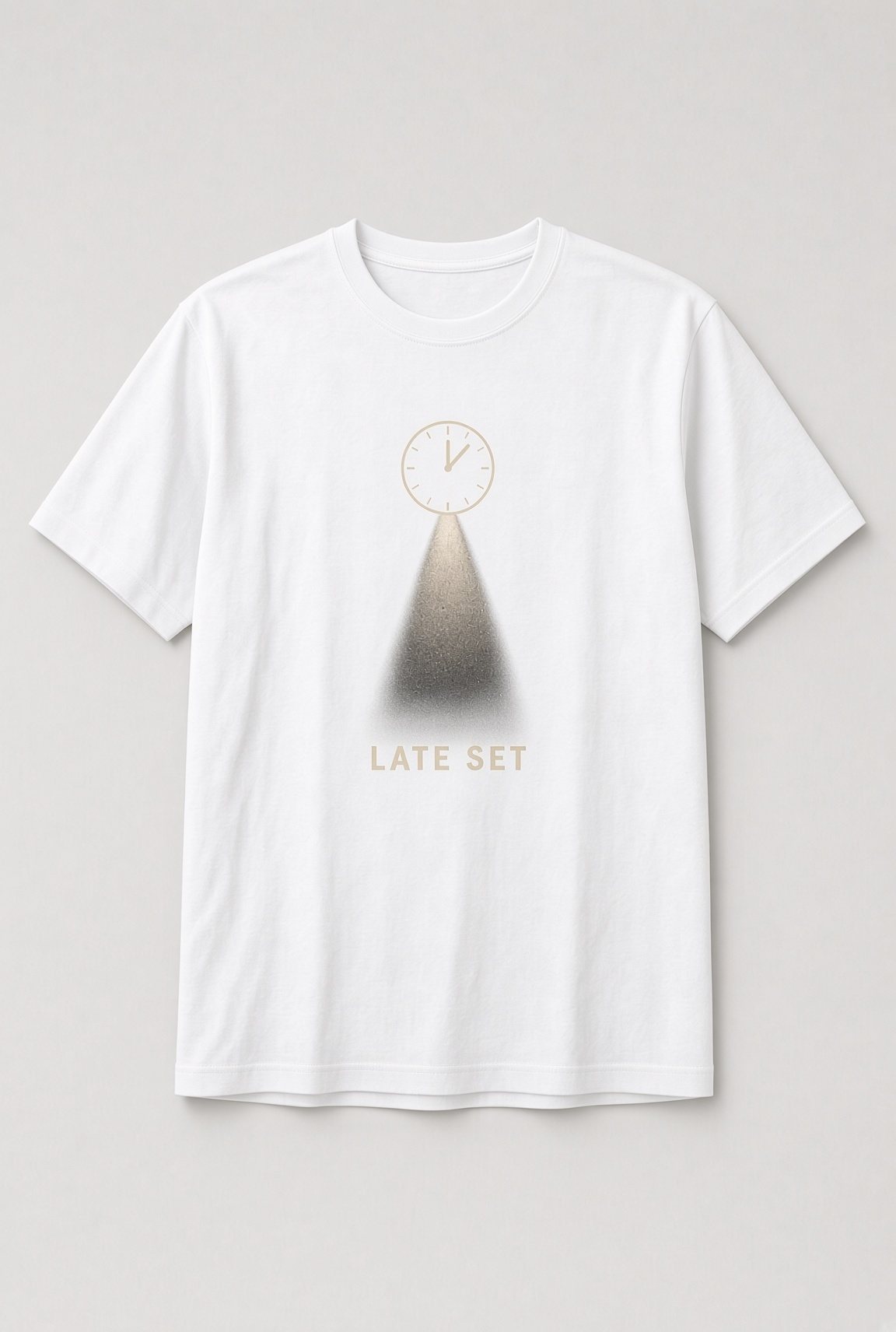 Late Set Midnight Spotlight unisex t-shirt in white with clock near midnight casting a spotlight beam