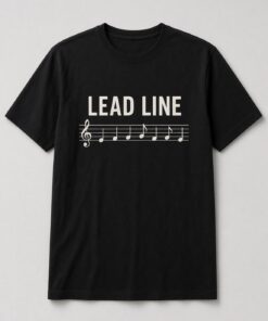 Lead Line Sheet Music unisex t-shirt in black with bold lettering above a treble clef melody